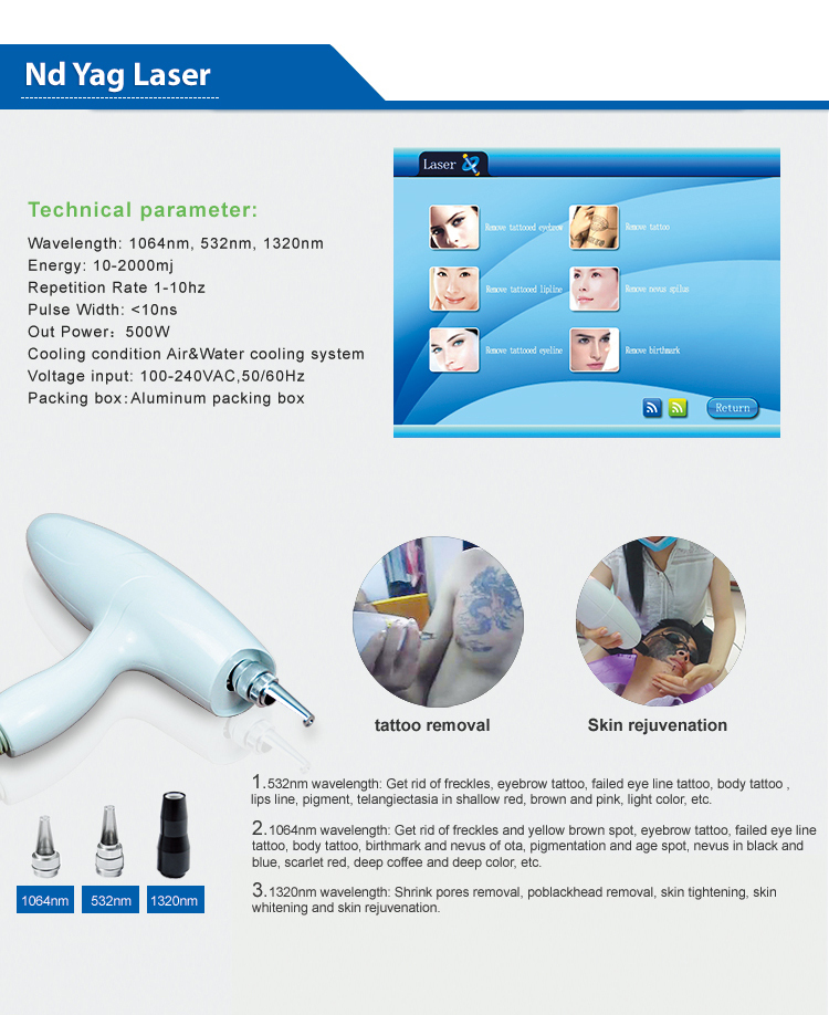 Q Switched Portable ND YAG Laser Tattoo Pigment Removal Skin Rejuvenation Equipment