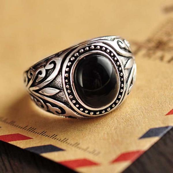 Mens Sterling Silver Retro Ring with Oval Synthetic Black Onyx(XH037009BLACK)