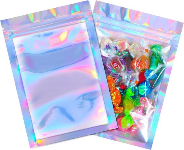 Clear Front Foil Back Iridescent Food Zip Lock Bags Resealable Holographic Stand Up Pouches Smell Proof Mylar Bags