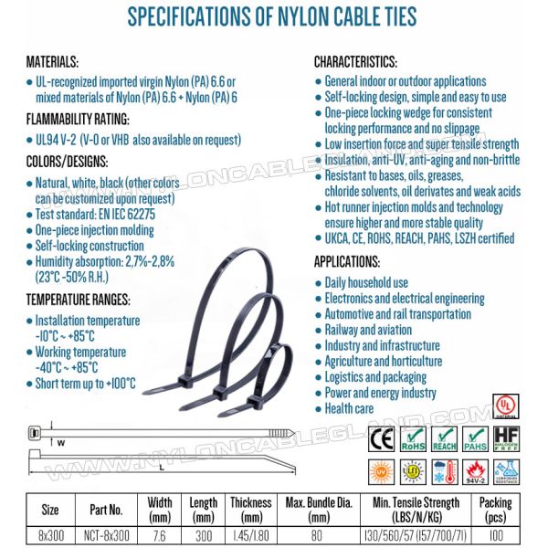 Specifications of Plastic Tie Wrap 7.6x300mm Heavy-Duty Nylon 6.6 Cable Tie, Ã8-80mm Adjustable Polyamide 6.6 Zip Tie c/w 130lbs or 157lbs Strength Plastic Tie Wrap 7.6x300mm Heavy-Duty Cable Tie, Ø8-80mm Adjustable Nylon (PA) 6.6 Zip Tie c/w 130lbs or 157lbs Strength for Construction