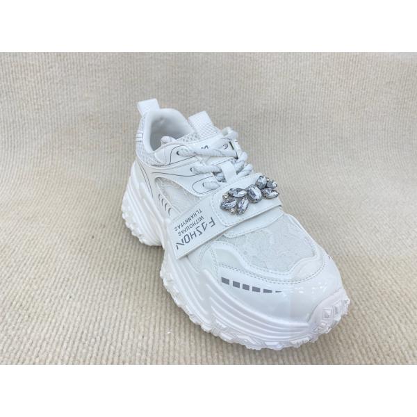 Women white flat fashion sneakers with paillette crystal breathable mesh and low cut