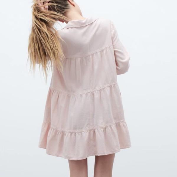 MID Long Sleeves Cotton Casual Dress Pleated Skirt Polyester