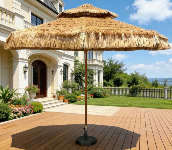 Double Canopy Thatched Umbrella with Ventilation, for Outdoor Lounge and Commercial Patio