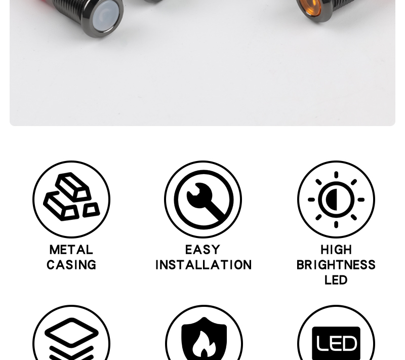 8MM Metal Indicator Light, LED Strip Light With Waterproof Function Oxidized Black Shell, Red Green Yellow Blue White 6V12V24V