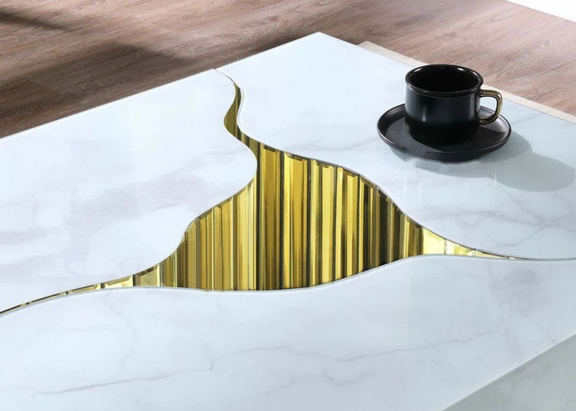 White Marble Glass Coffee Table with Gold Mirror and 119.4X70X44.5CM Dimensions for Living Room