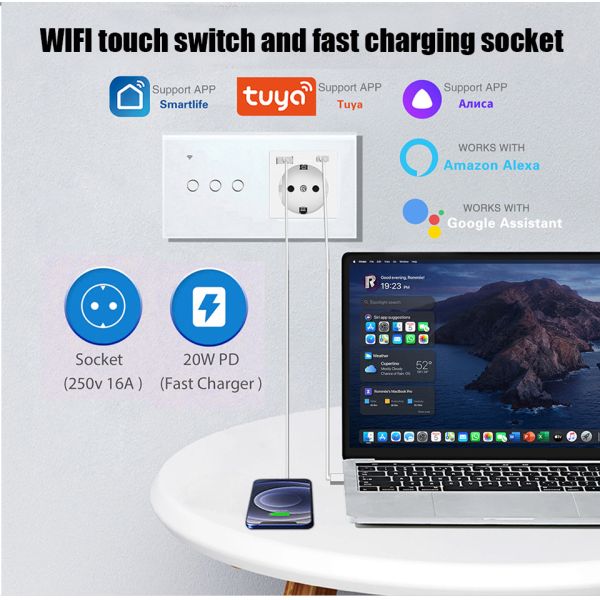 Alexa Wifi Smart Wall Switch And Socket Dual USB Waterproof Tempered Glass Panel