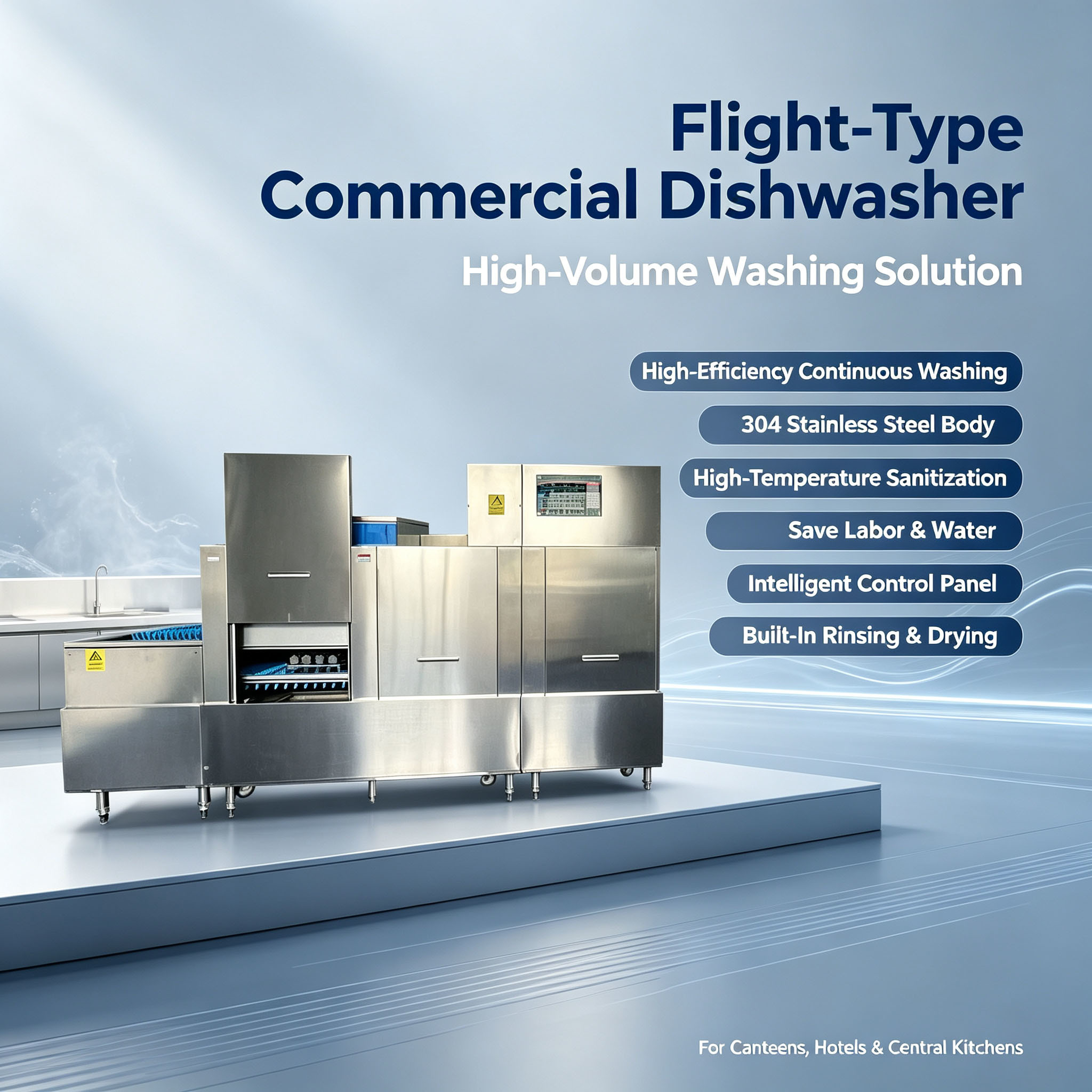 Commercial conveyor dishwasher, hood‑type washing‑disinfection integrated machine, large‑scale dishwasher for restaurants and canteens, durable stainless‑steel kitchen back‑of‑house equipment