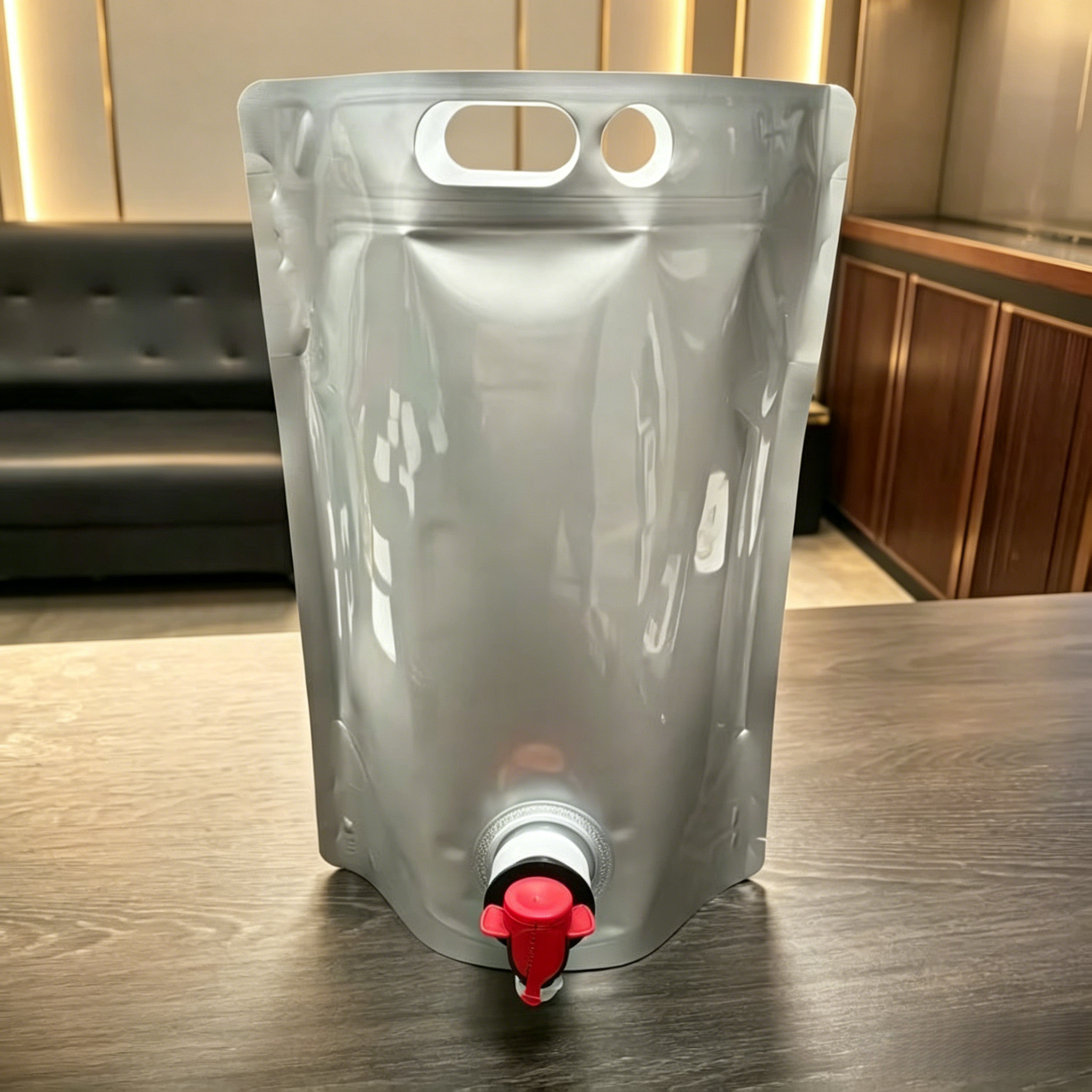 Blank Silver Aluminum Foil Stand Up Tap Spout Pouch With Double Carry Holes | Leak-Proof Re-Sealable Dispenser Bag For Wine, Juice & Cold Brew Coffee