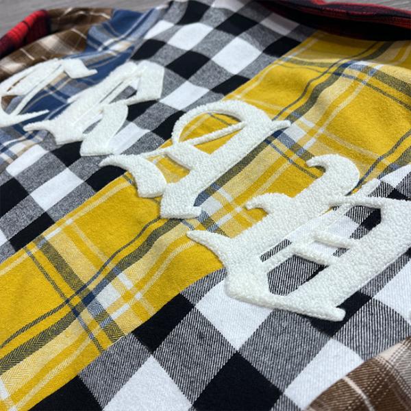 Custom Flannel Plaid Shirt Button Up Embroidery Patchwork Logo Color Block Polo Shirt Cut Sew Patch Shirt For Men