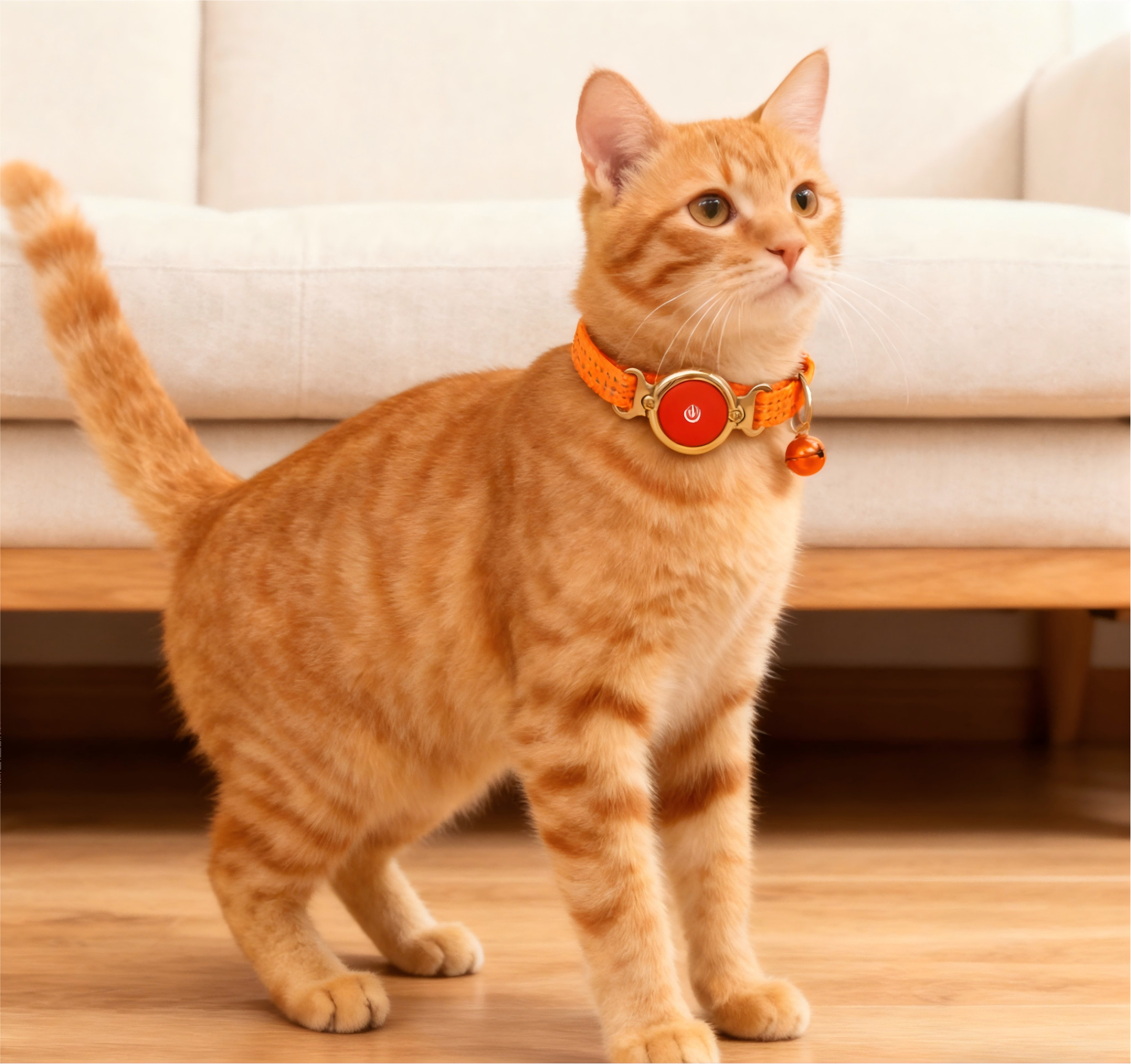 Durable Pet Collar for Cats Orange Smart Round Power Button Bell Metal Buckle Webbing