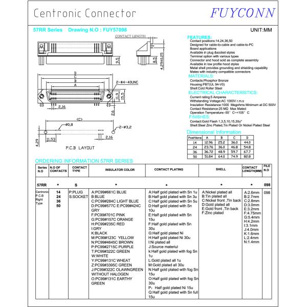 36 Pin Centronic PCB Right Angel Female Printer connector with Jack Screws and Board Lock