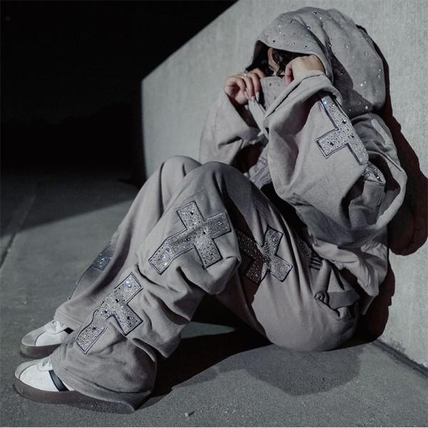 Traje de sudor personalizado de piedra de rincón suéter de aflicción con máscara con parche bordado con capucha con bolso apilado con pantalón de sudor