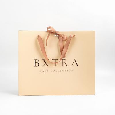 Hand Length Handle Customized Logo Clothing Garment Peach Paper Bag with Ribbon