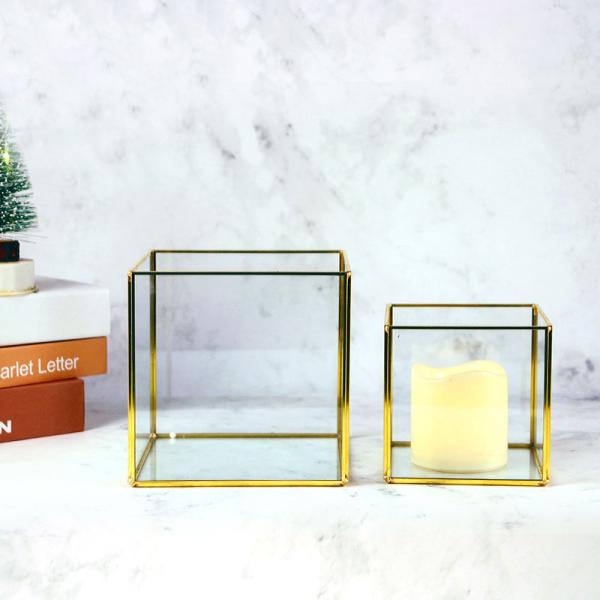 Glass greenhouse dust cover birthday candlestick Glass cover soft decoration square copper strip desktop storage box