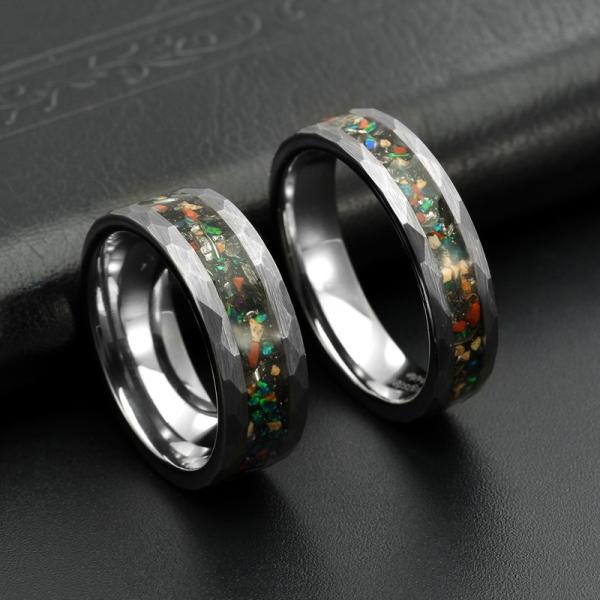 Bague en carbure de tungstène incrustée de météorite d'os de dinosaure évaluée par un tiers, 8 mm, argent martelé, bague de mariage de mode pour hommes