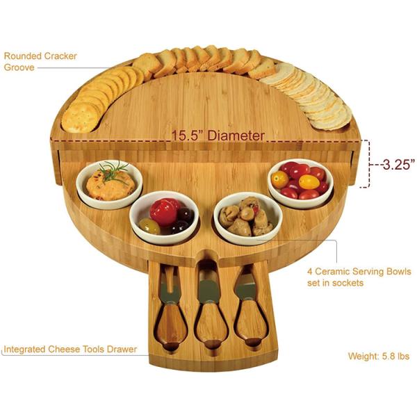 Best Gift Bamboo Tray Multi-function Round Shape Cheese Cutting Board with Knife Set