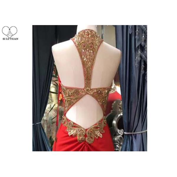 Gold Mermaid Style Red Dress Hanging Neck Luxury Heavy Beading Hollow Back