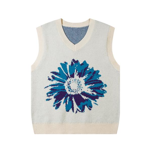 Men's Sunflower Custom V-neck Pullovers Sweater Knitted Vest Sleeveless Jacquard Jumpers