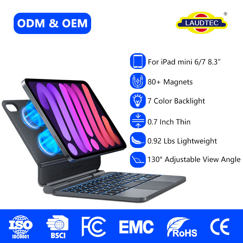 OEM/ODM Magnetic Keyboard Cover for iPad Mini 6 and Mini 7,7-Color RGB Backlit Scissor Keys, Multi-Gesture Touchpad, Adjustable Viewing Stand, Long Standby, Wholesale Bulk Supply for Global Buyers