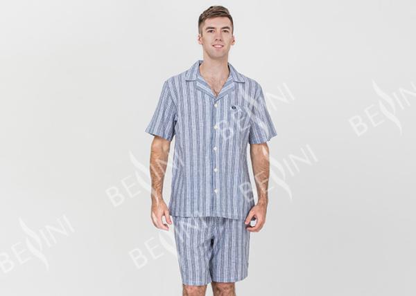 Anti Pilling Mens Luxury Sleepwear Woven Cotton Linen Yarn Dyed Pajamas Shorts