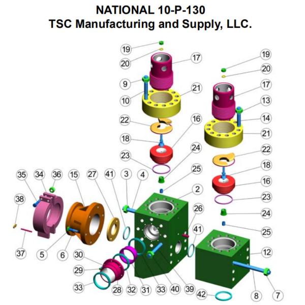 National 14P220 W/ FAST CHANGE VALVE COVERS  mud pump fluid end liner, zirconia liner, pistons, valves and seats, National 12P-160 mud pump, National 9P-100 mud pump, NOV 10P-130 mud pump