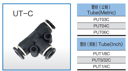 PUT - C Equal Tee Plastic Pneumatic Tube Fittings SMC Mini Type Black Colour