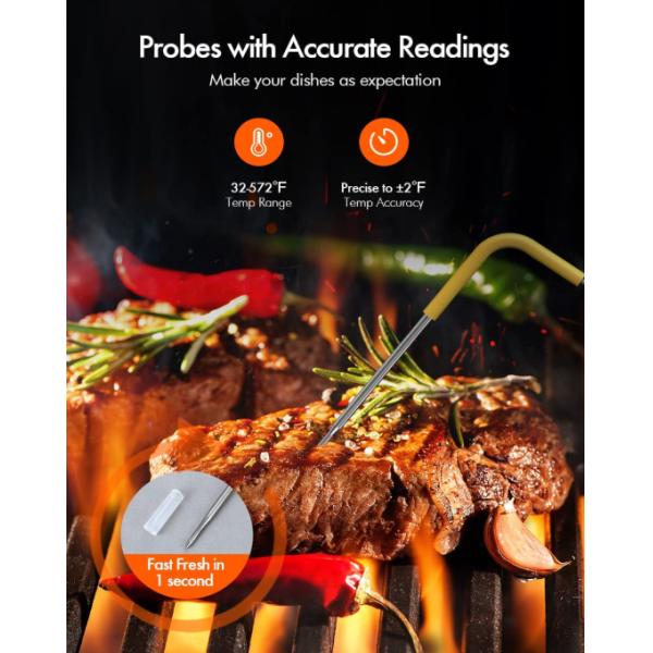 SS304 Grill / Barbecue Meat Thermometer Bluetooth Remote Monitor with 4 probes