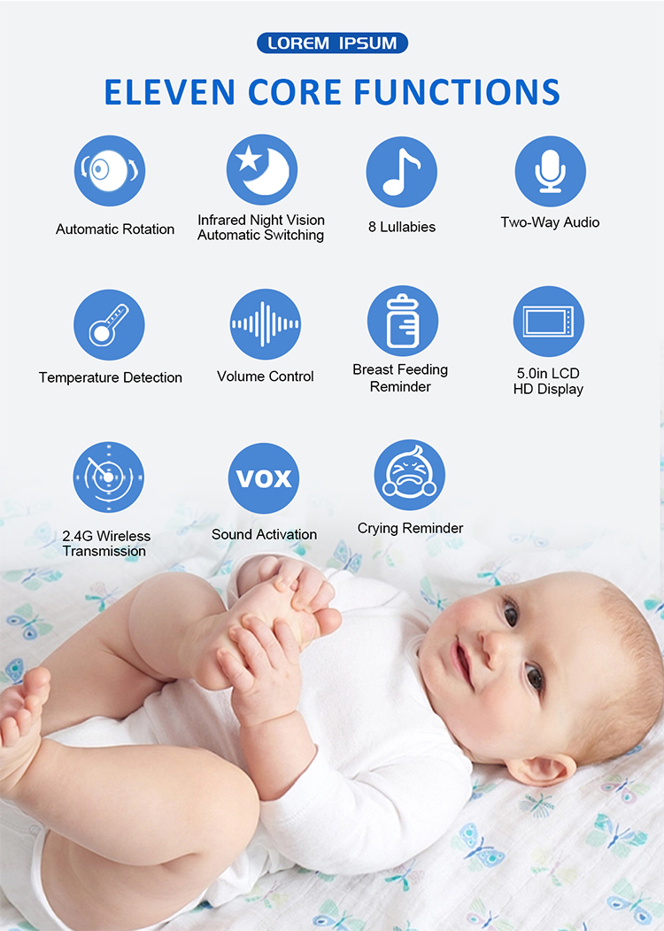 Smart Video Baby Pet Monitor PTZ Camera 5.0 Inch Screen 300M Talking Range Sleep IR Night Vision Two-Way Audio Music Talk-Back
