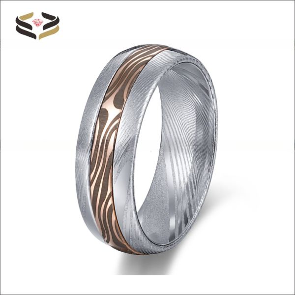 Damascus Steel Jewelry Main Material 8mm Lasered Rose Gold Mokume Gane Inlay Wedding Band for Unisex