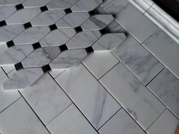 White And Grey Slate Stone Mosaic Tile Diamond Carrera Venato Marble Black Dots Polished
