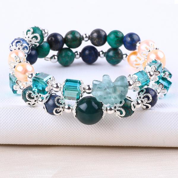 Unicorn Carving Adjustable 2 Layer Azurite Stone Crystal Bracelet