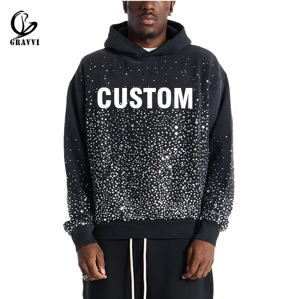 Custom Rhinestone Streetwear Hoodie Heavyweight Fleece Pullover
