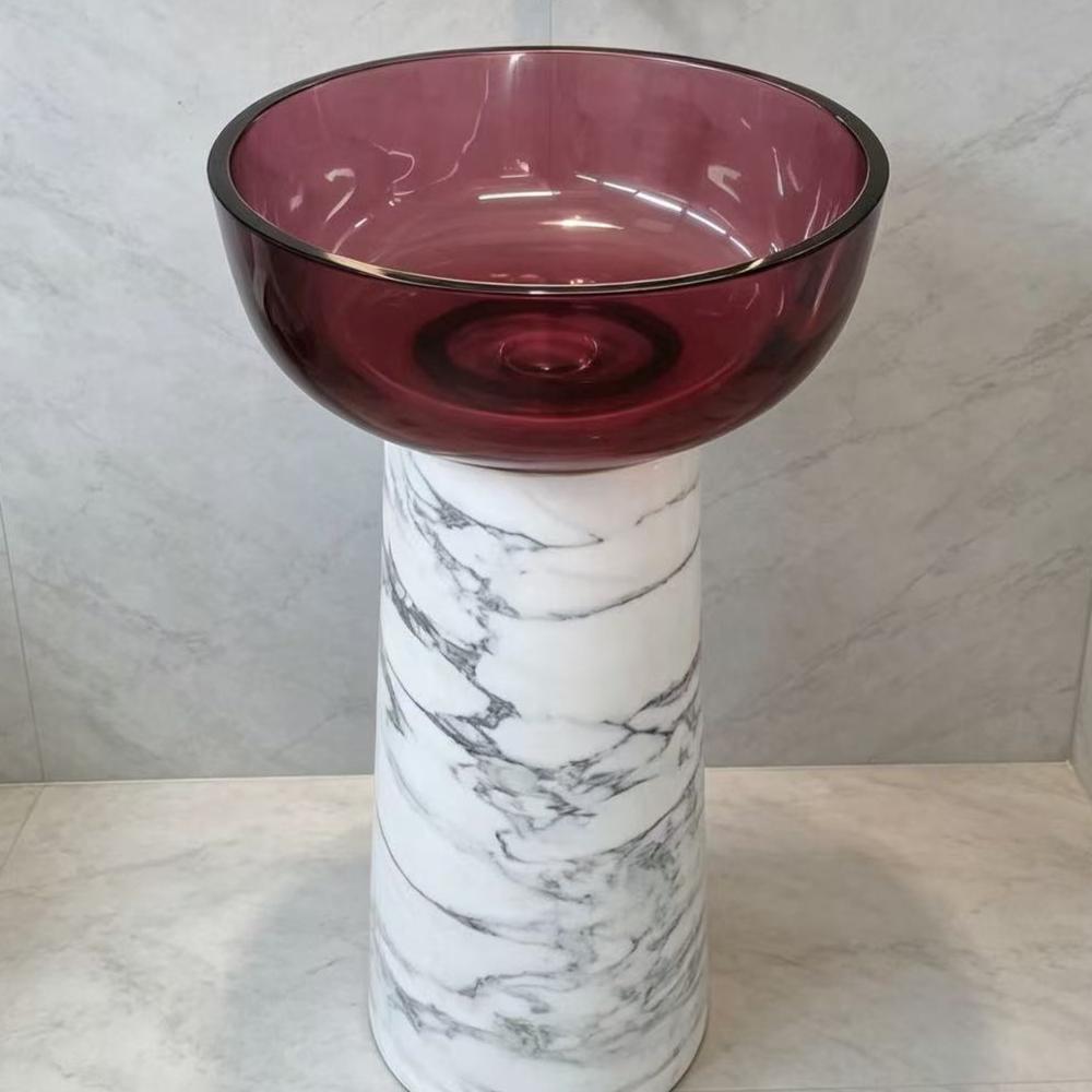 Artificial Stone Bath Pedestal Sink With Scalloped Burgundy Transparent Resin Wash Basin