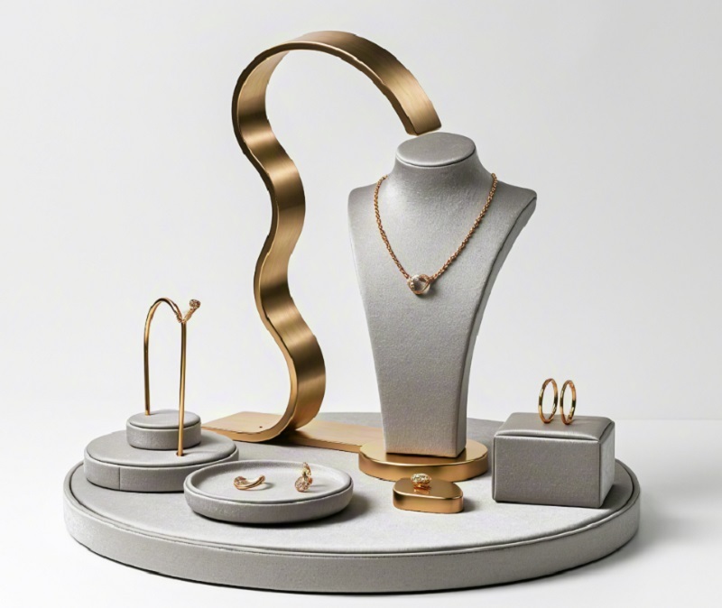 Modern Durable High Quality Jewelry Display Stand Set Gray Velvet Gold Metal Frame for Retail Shop