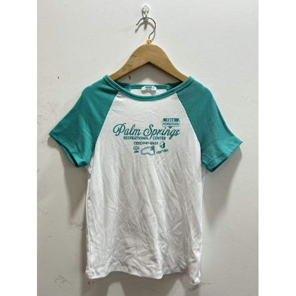 Vintage-Inspired Teal & White Raglan Sleeve Kids' T-Shirt with Retro Print