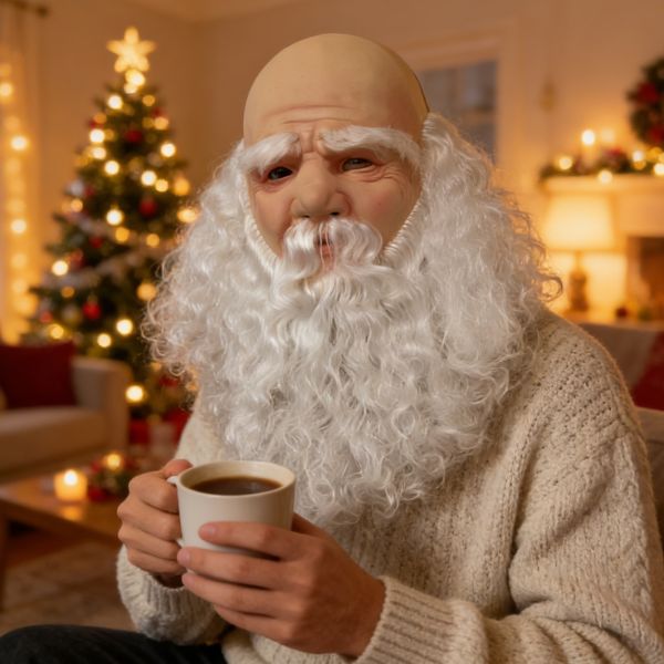 Realistic Santa Claus Mask Bald Old Man Latex Headgear with Long White Beard Christmas Cosplay Costume Prop