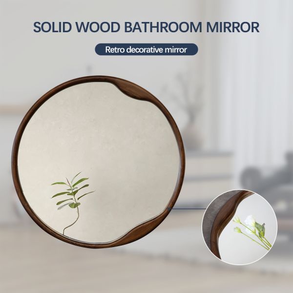 Wall Mounted Asymmetrical Walnut Wood Framed Bathroom Mirror For Hotel