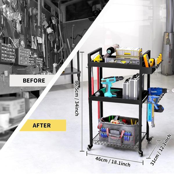 Montado en la pared 3 Niveles de perforación Estante de estantería Portaherramientas de carrito rodante para organización de talleres