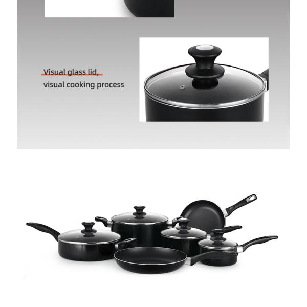 Hot Sale 10 Pcs Aluminum Cooking Pot Set Custom Pots And Pans Cookware Black Nonstick Cookware Sets With Glass Lid