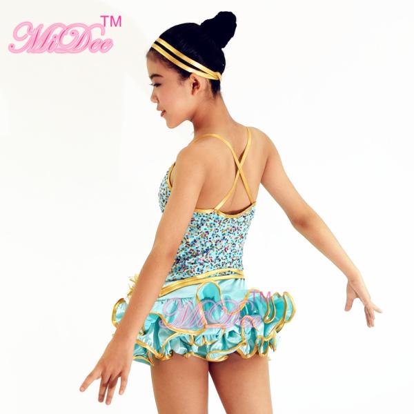 Gold Metallic Edged Hip Hop Dance Costumes Tiered Wire Hem Skirt Sequins Bodice with Flowers Trims