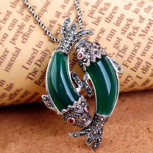 Thai 925 Silver Double Fishes Green Agate Pendant with Sterling Silver Chain (N11066GREEN)