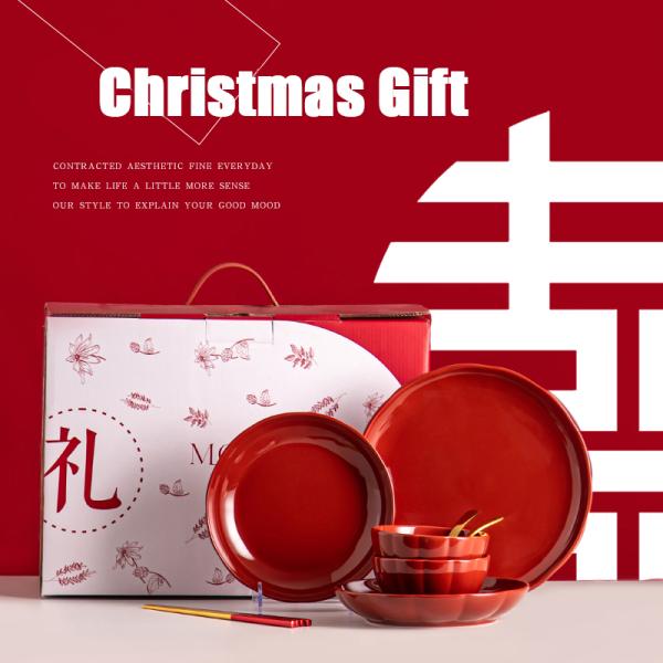 OEM And ODM  Red Glaze Christmas Dinnerware Set Ceramic Bowl Porcelain Plate For Presents Occasion