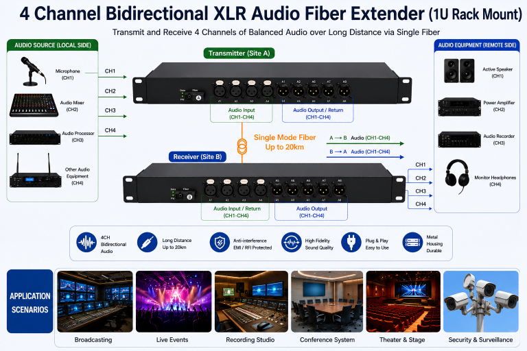4 Channel Bidirectional XLR Audio Fiber Extender 4CH 2 Way Audio Over Fiber Extender