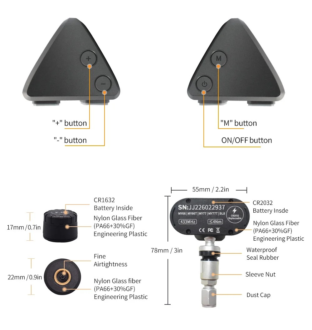 MY77T Solar Car TPMS Monitoring Tire Pressure 433MHz External Sensor