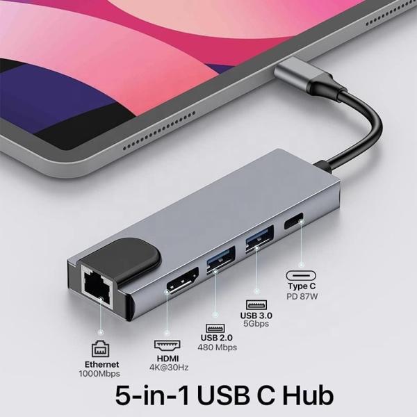 Adaptateur HDMI 4K USB-C Hub avec RJ45 USB 3.0 USB 2.0 et PD sortie alliage d'aluminium