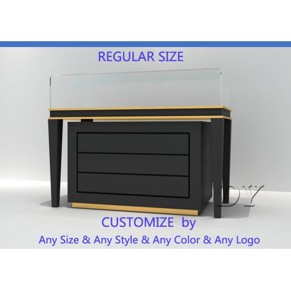 Black Commercial Gold Shop Glass Counter with MDF Wood + Tempered Glass + Lights