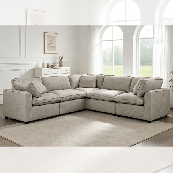 Sectional Modular Sofa with Feather Blend Seat Cushion and Pillows, Gray Fabric
