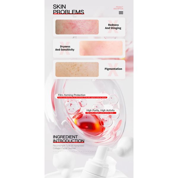 Private Label Recombinant Type III Humanized Collagen Rrepair Foaming Face Wash Human Recombinant Collagen Facial Cleanser