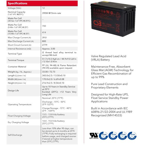 CSB HRL12390W 12V 390W Top Terminal Long Life VRLA-AGM Valve Regulated Lead Acid Battery