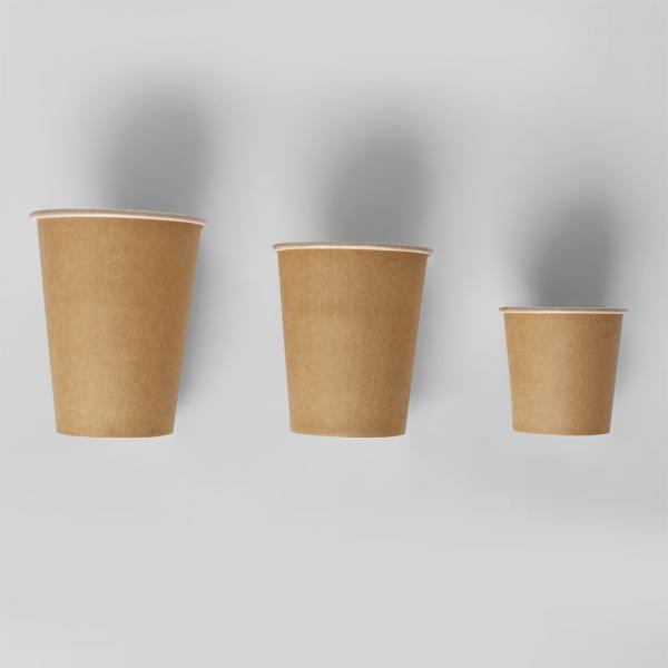 Calidad alimenticia Tazas de papel Kraft marrón de plástico sin revestimiento de pared única Tazas calientes Kraft